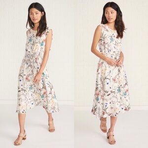 AMOUR VERT Ivory Silk Crepe Wildflower Print Sleeveless A-Line‎ Midi Tea Dress S